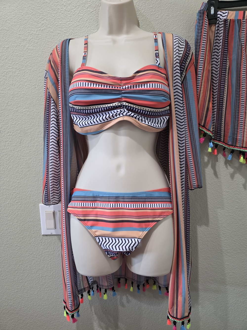 Striped Coral & Blue Women’s Bikini Set with Cover-Up